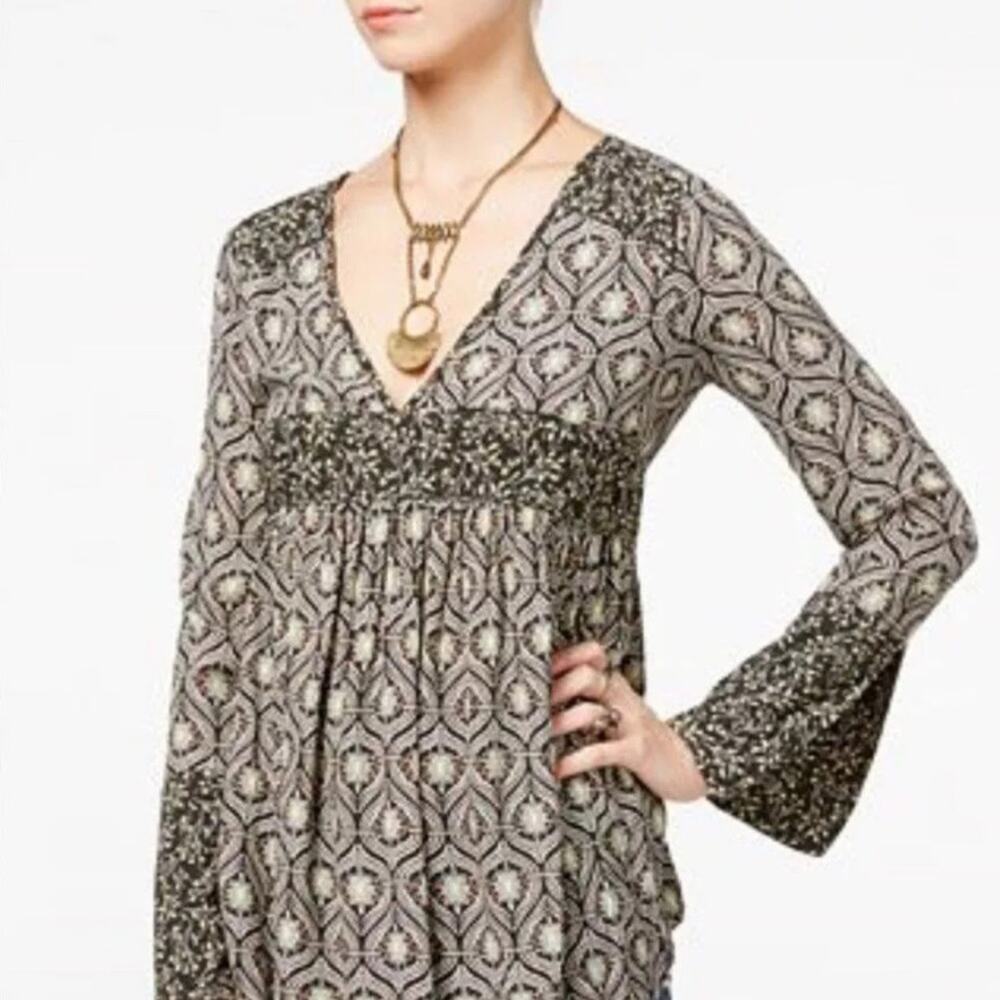 Free People Rolling Hills Print Bell Sleeve Black/Green Tunic Top